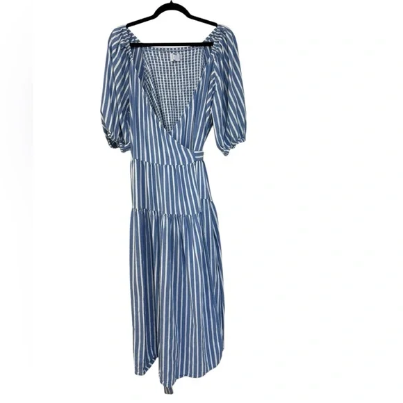 Old Navy Waist-Defined Striped Tie-Belt Midi Wrap Dress in Blue Stripe- Size XL - Picture 3 of 7